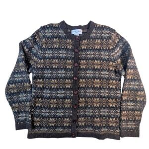 Shetland Wool Fair Isle Cardigan – Women's S Brown Blue Tan Casual Corner
